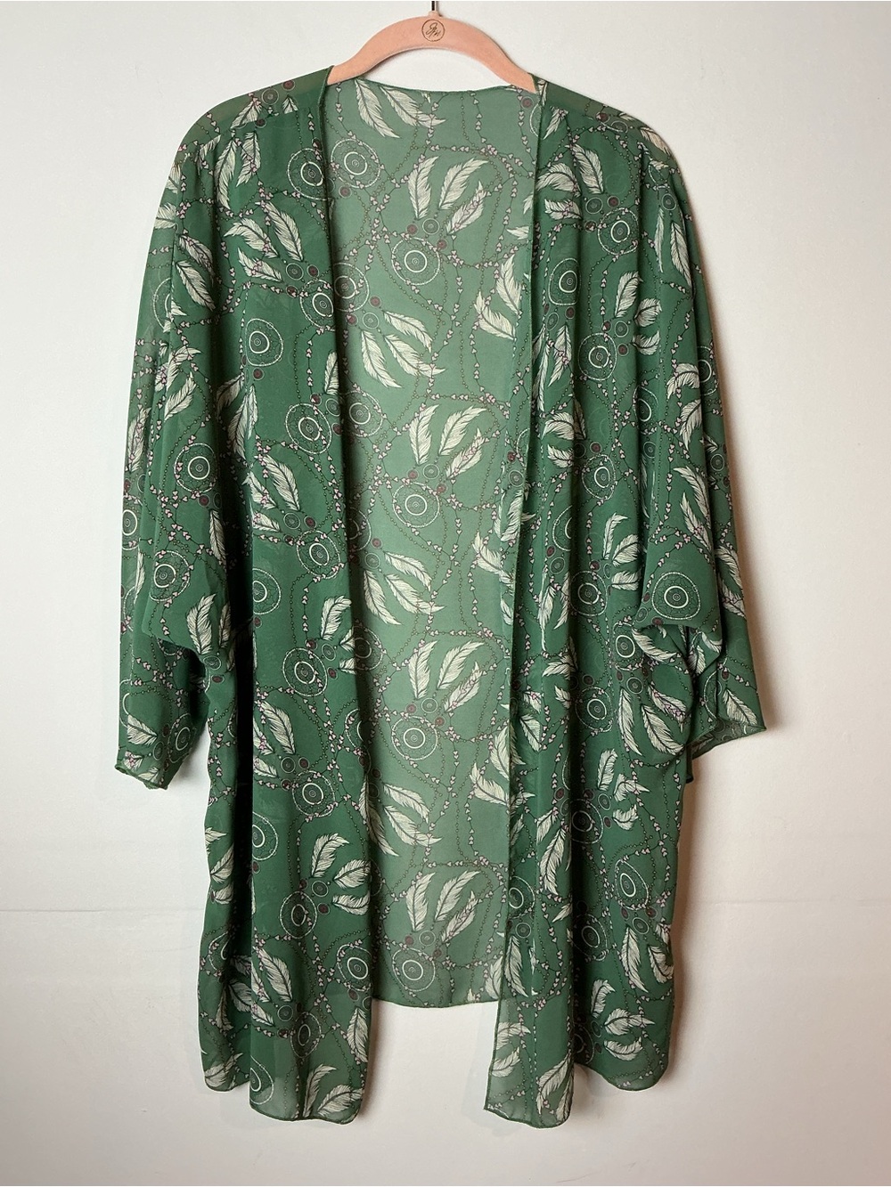 Bohemian Kimono Cardigan Size L-XL Green Feather Sheer Dreamcatcher Heart